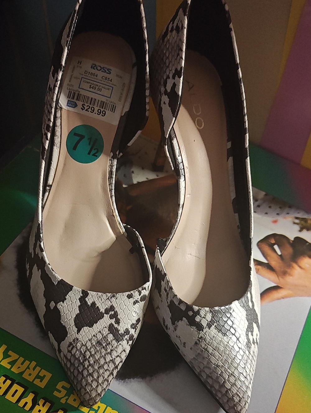Aldo Black and White Snake-Print Pointed Toe Pumps